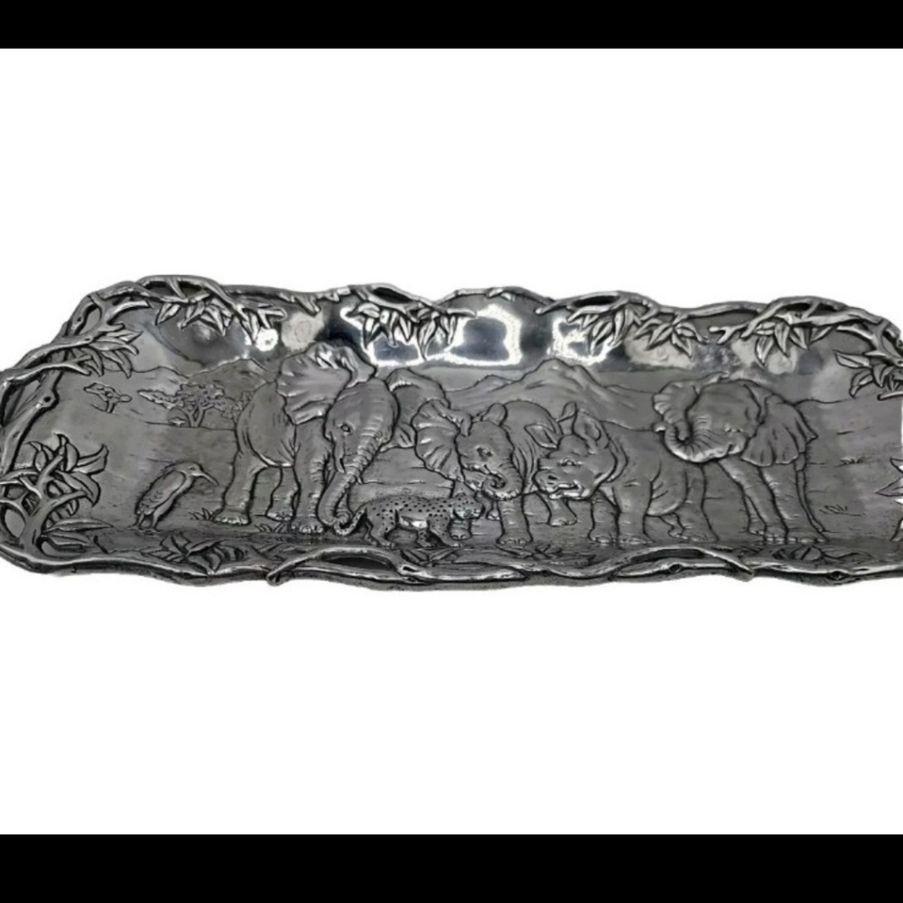 Arthur Court Elephant Platter Herd Elephant Leopard Handle 1995 rectangle 14"